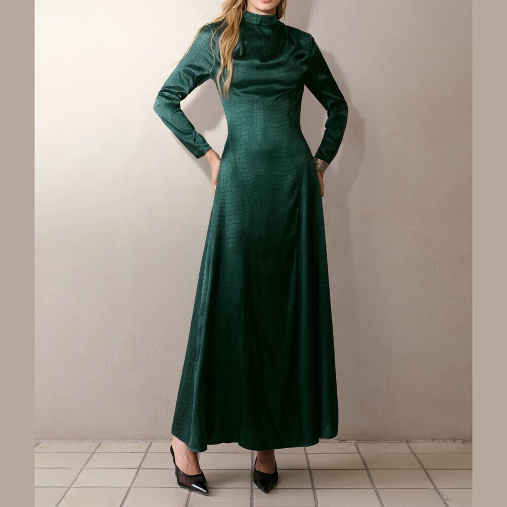 Emerald Green Croc Texture Long Sleeve Stand Collar Maxi Dress